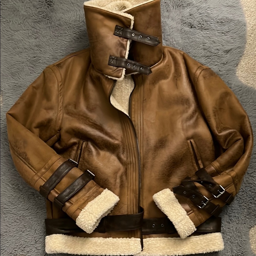 Zara Men's Brown Shearling Leather Jacket